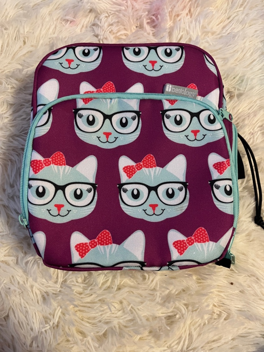 Kids Purple Cat Lunch Bag with Mint Trim